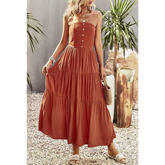 Off Shoulder Ruffled Solid Button Dress | Dress - Women's | 523, Dress, maxi dress | Elings