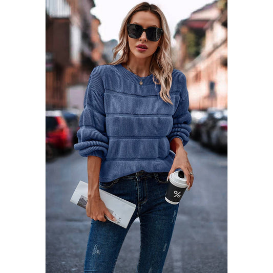 Thick Knit Strip Loose Solid Round Neck Sweater | Sweatshirt - Women's | SWEATER, Sweatshirt | Elings