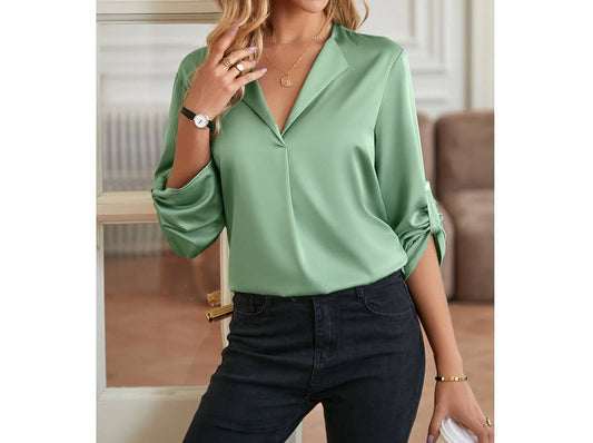 Deep V Button Half Sleeve Loose Silk Blouse | Blouse - Women's | long sleeve top, tops | Elings