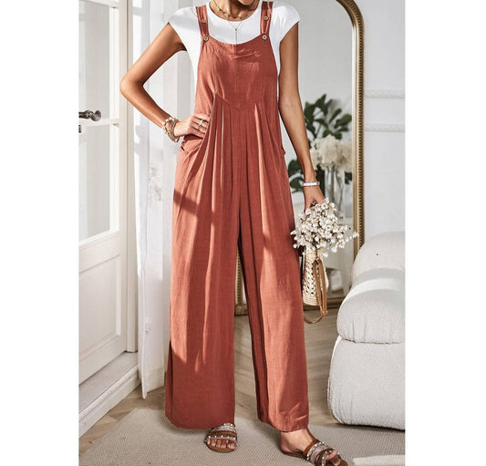 Solid Wide Leg Pocketed Shoulder Tie Overalls | Jumpsuit - Women's | 011624, jumpsuit, new arrival, New Arrivals | Elings