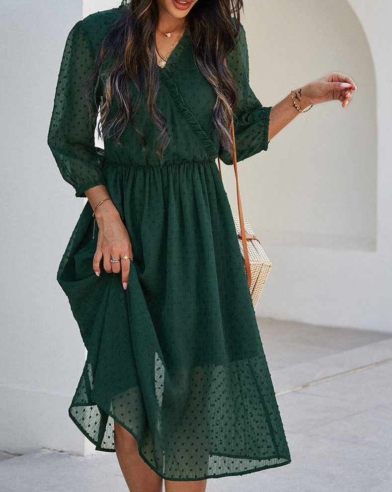 Elegant Ruffled V-Neck Midi Dress | Dress - Women's | final sale, Sale, sale 12-14 | Elings