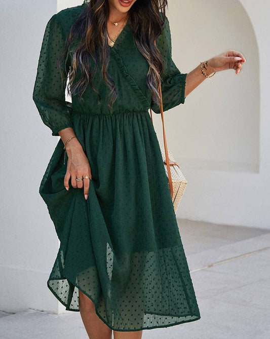 Elegant Ruffled V-Neck Midi Dress | Dress - Women's | final sale, Sale, sale 12-14 | Elings