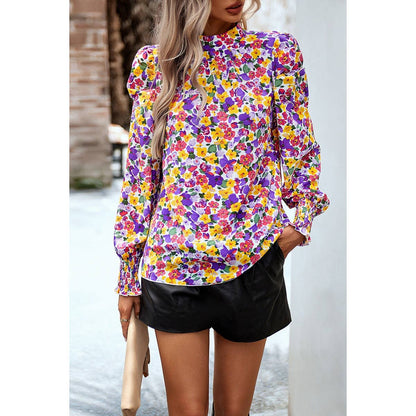 Floral Print Puff Sleeve Loose Fit Ruffle Blouse | Blouse - Women's | long sleeve top | Elings