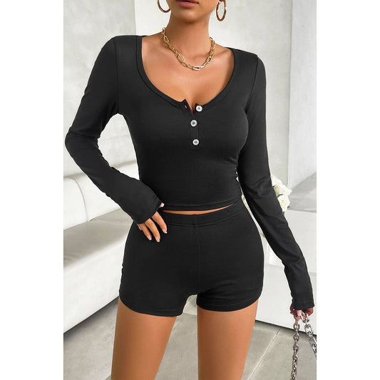 Low Neck Button Elastic Long Sleeves Fit Sets | Top & Short Set (NOT Loungewear) - Women's | basic, eb sets, new arrival, pending, Sets, shoppe247 | Elings