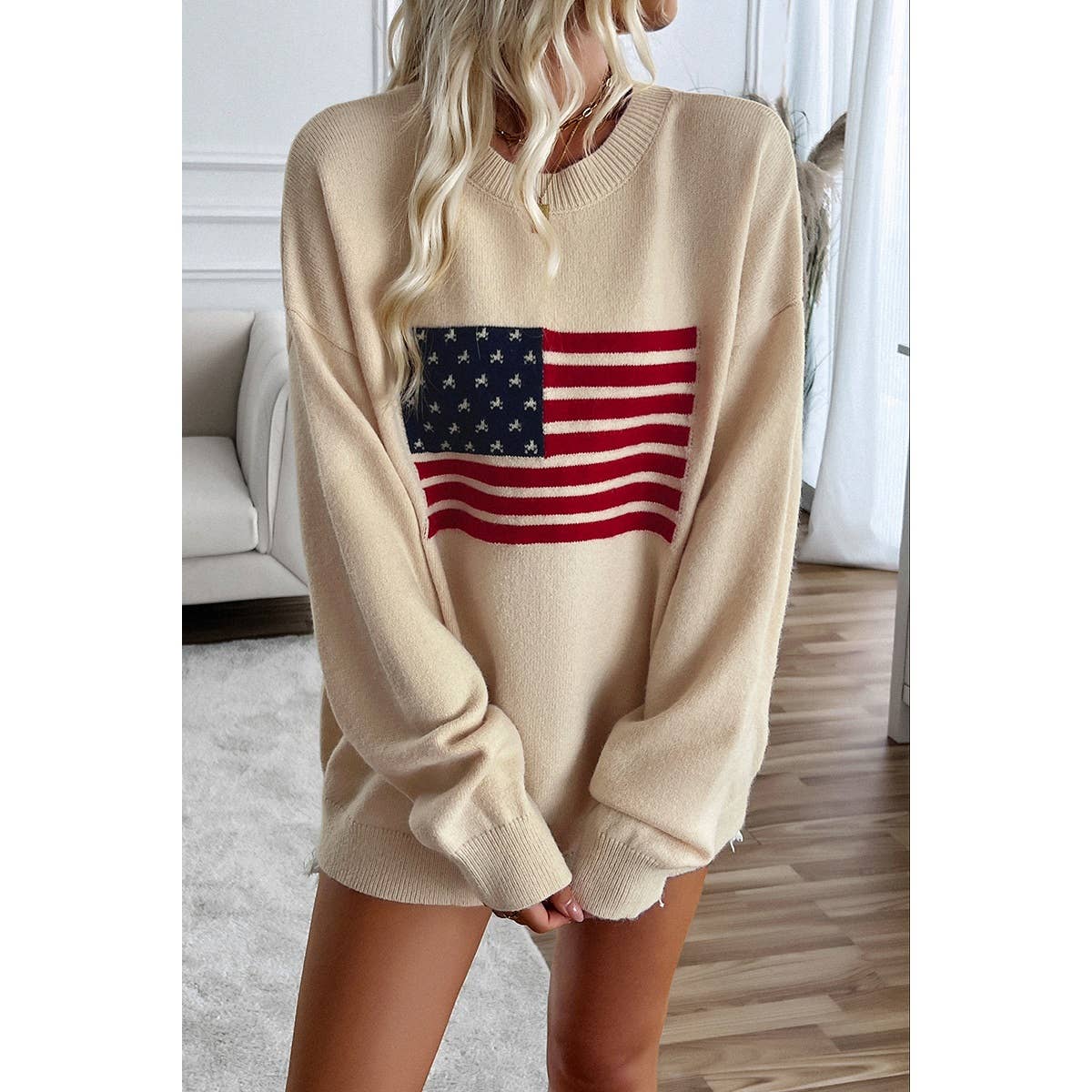 Knit Round Neck Flag Print Loose Fit Sweater | Knit Sweater - Women's | F, new arrival, shoppe247, SWEATER, Sweaters | Elings