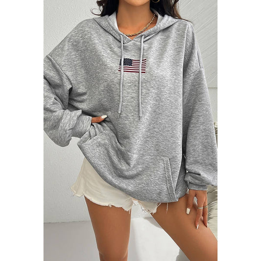 Flag Drawstring Drop Shoulder Pocket Loose Hoodie | Hoodie - Women's | F, Hoodie, new arrival, shoppe247, SWEATER, Sweaters | Elings