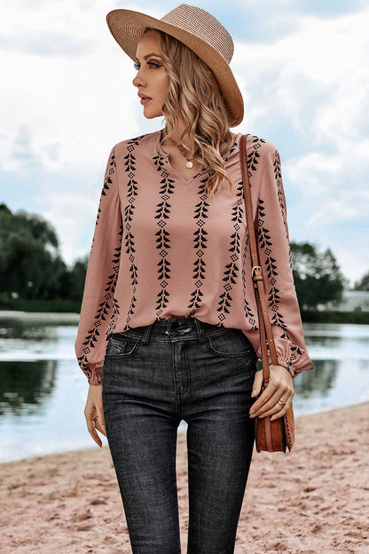 Graphic Print Strip Loose Fit V Neck Blouse