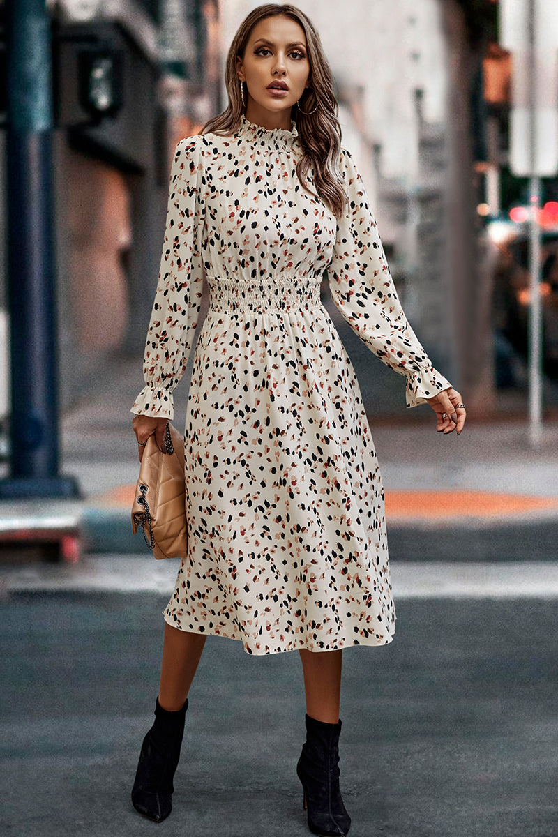 Dalmatian Print Lantern Sleeve Square Neck Belt Dress