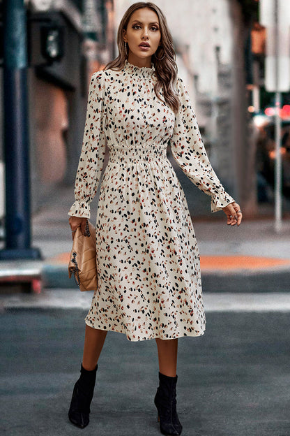 Dalmatian Print Lantern Sleeve Square Neck Belt Dress