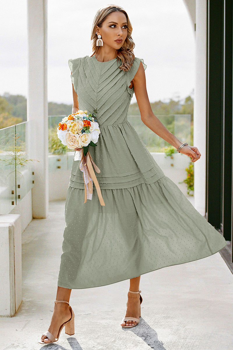 Ruffled Sleeves Pleated Front Maxi Dress