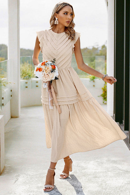 Ruffled Sleeves Pleated Front Maxi Dress