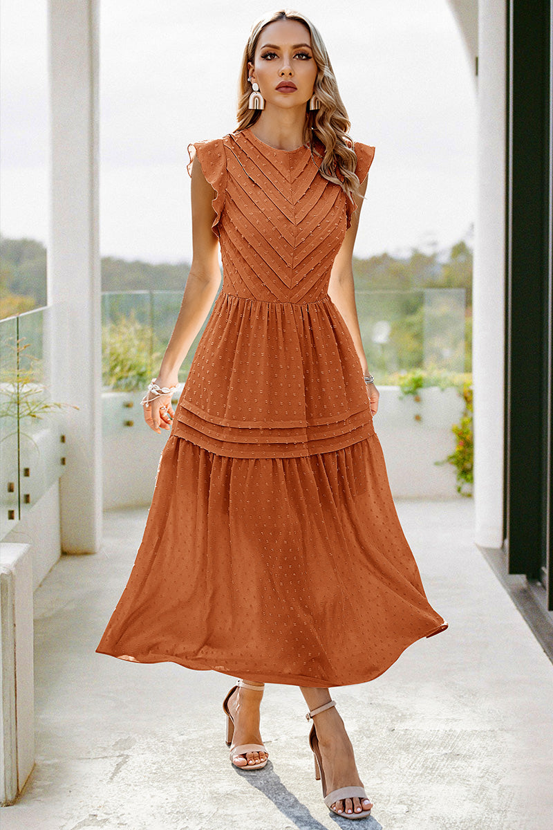 Ruffled Sleeves Pleated Front Maxi Dress