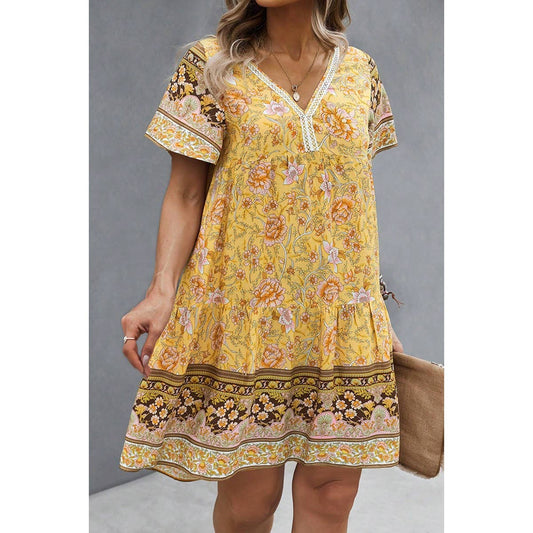 Plus Floral V Neck Lace Trim Ruffle Hem Dress | Dress - Women's | new arrival, pending, plus, plus dress, shoppe247 | Elings