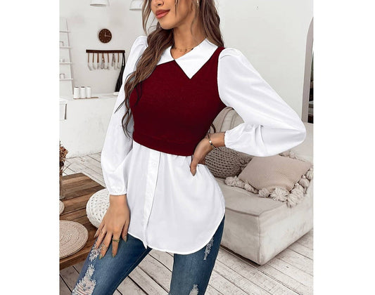 Frenchy Colorblock Lantern Sleeve Two In One Top | Blouse - Women's | long sleeve top, tops | Elings