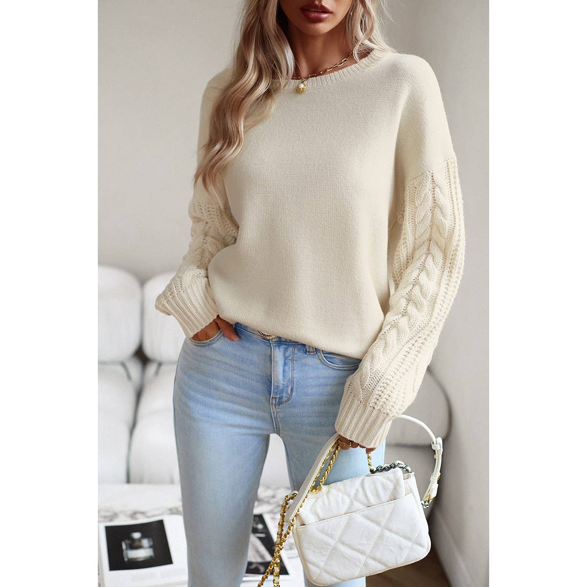 Knit Loose Fit Round Neck Cross Solid Sweater | Sweatshirt - Women's | SWEATER, Sweatshirt | Elings