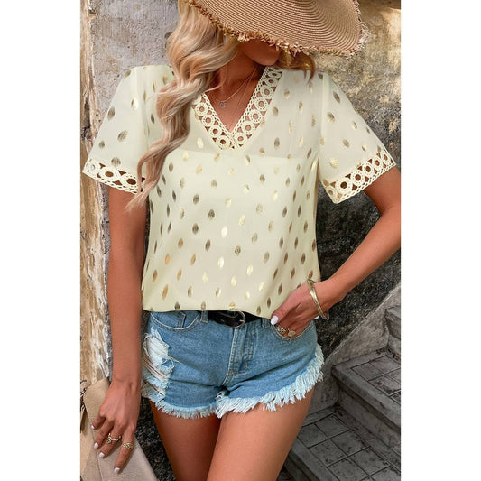 Dot Print V Neck Lace Hem Loose Blouse | Blouse - Women's | short sleeve top | Elings