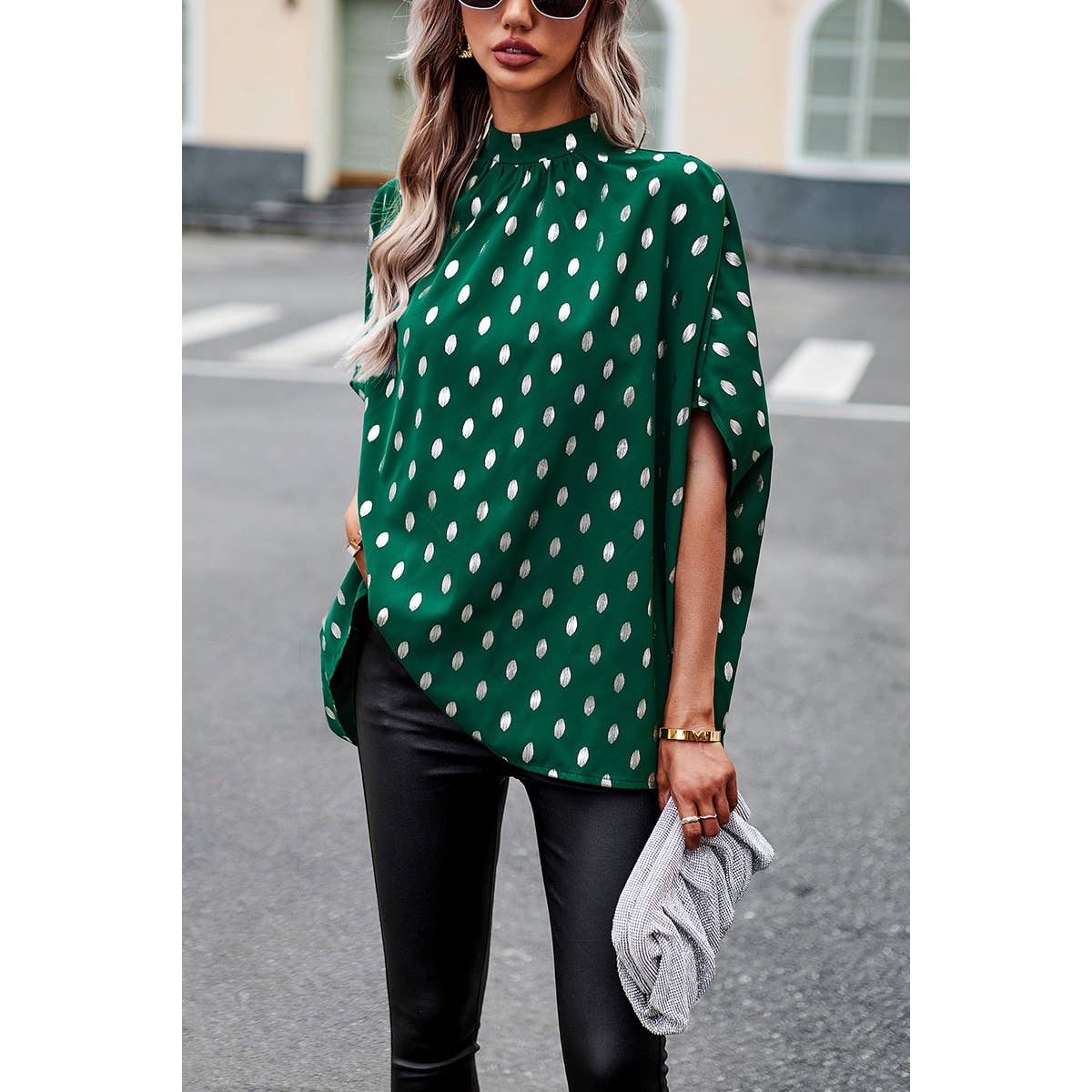 Polka Dot Cape Sleeve Mock Neck Loose Top | Blouse - Women's | short sleeve top, tops | Elings