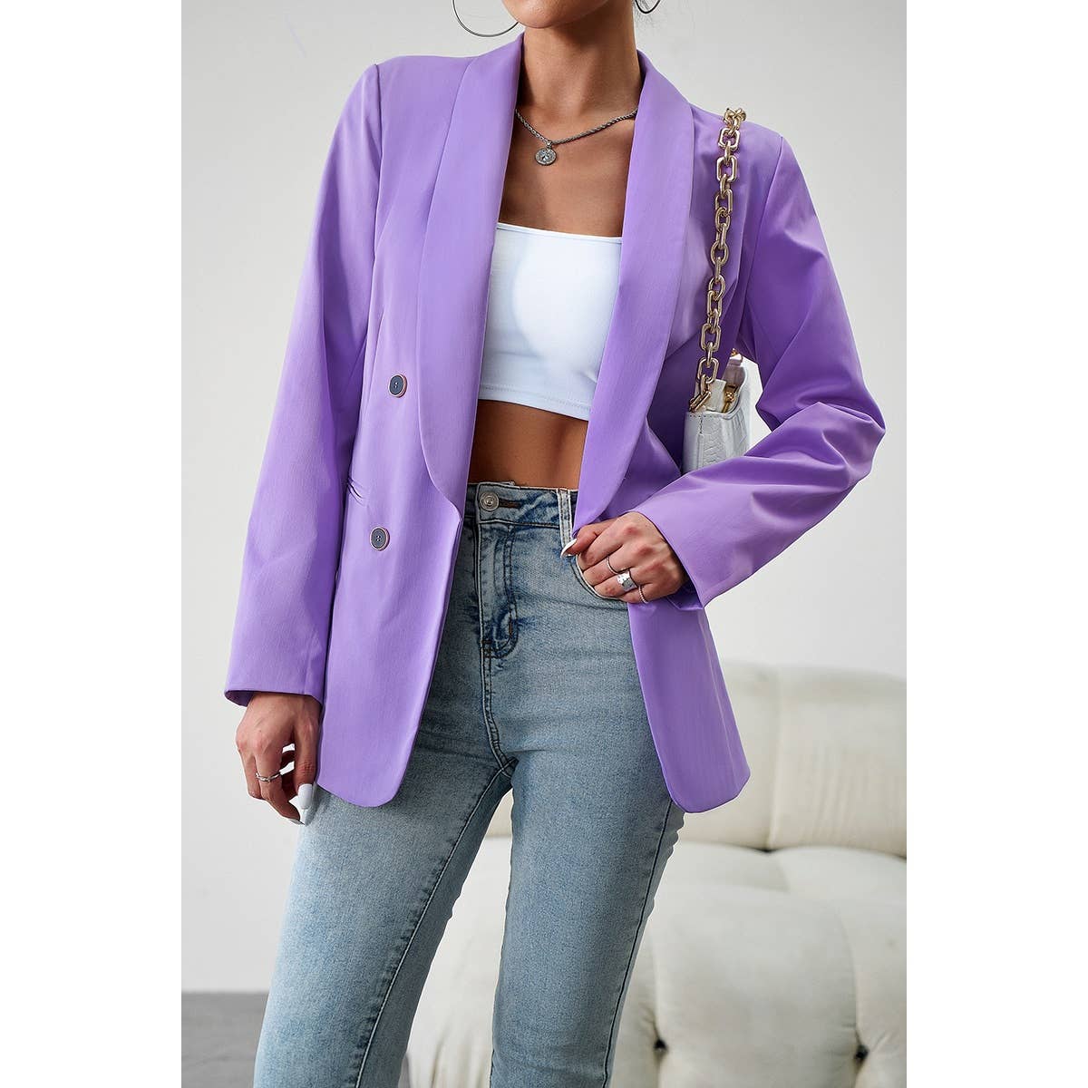 Lapel Collar Double Breasted Solid Blazer | Coat - Women's | Coat | Elings