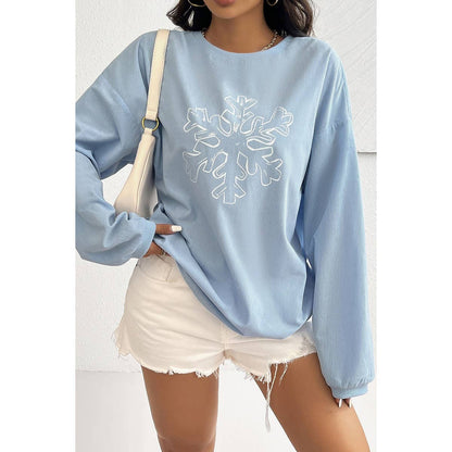 Snowflake Drop Shoulder Round Neck Loose Hoodie