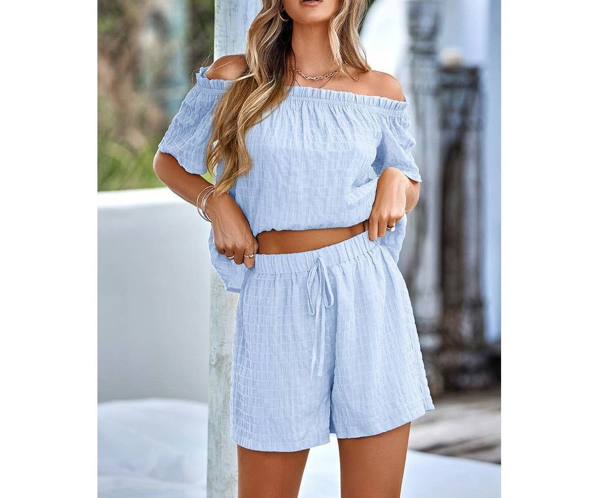 Off Shoulder Two Pieces Belt Plaid Sets | Top & Pant Set (NOT Loungewear) - Women's | 2024, Sets | Elings