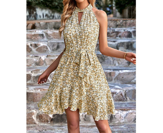 Floral Print Sleeveless Belt Cross Ruched Hem Dress | Dress - Women's | 011624, above the knee, Dress, LK, new arrival, New Arrivals | Elings