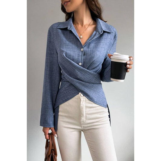 Solid Cross Button Down Fit Long Sleeves Blouse | Blouse - Women's | F, long sleeve top, new arrival, shoppe247, Top | Elings