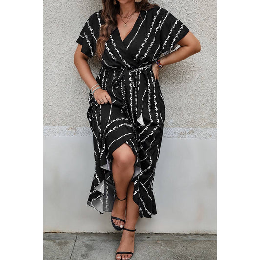 Plus Size Cross Deep V Belt Asymmetric Hem Dress | Dress - Women's | F, LK, new arrival, plus, plus dress | Elings