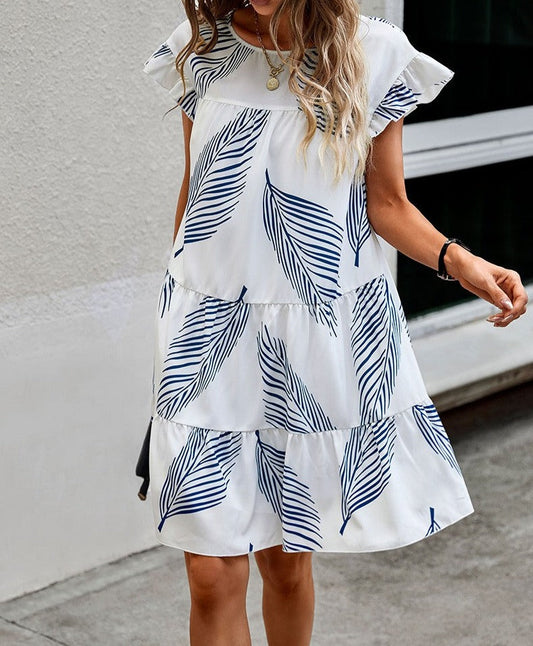 Leaf Print Loose Fit Color Block Sleeves Ruffle Dress | Dress - Women's | 011624, above the knee, Dress, LK, new arrival | Elings