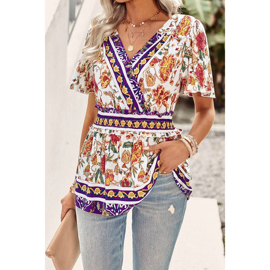 Cross Floral Self Belt Color Block Hem Ruffle Top | Shirt - Women's | 523 | Elings