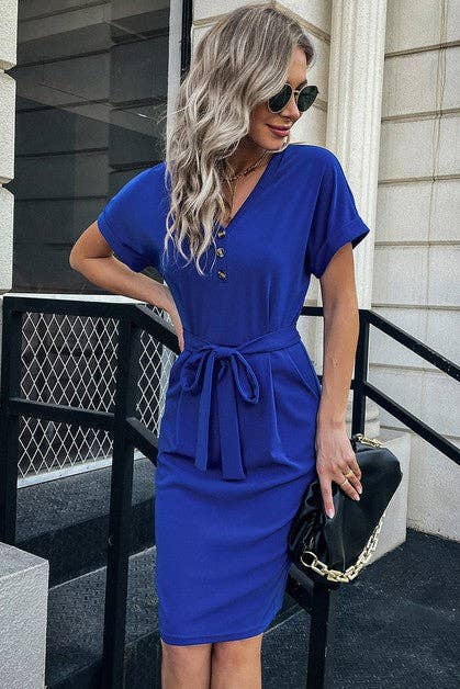 Pocketed V Neck Belted Dress | Dress - Women's | 2023, above the knee, Dress, Just arrived, LK | Elings