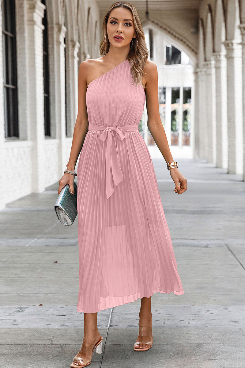 Solid Lined Wrinkle One Shoulder Sleeveless Dress