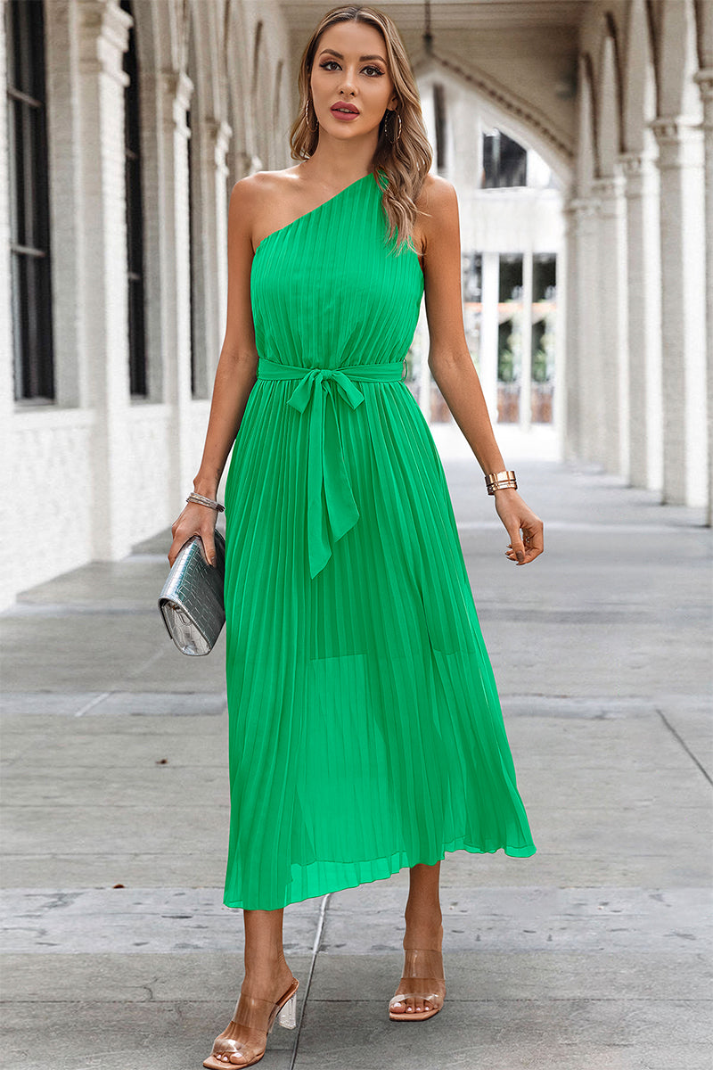 Solid Lined Wrinkle One Shoulder Sleeveless Dress