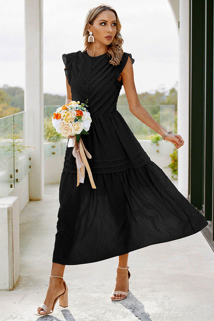 Ruffled Sleeves Pleated Front Maxi Dress