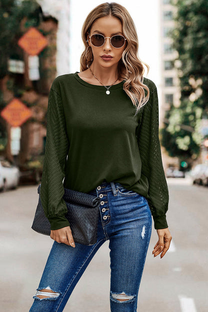 Solid Contrast Mesh Lantern Sleeve Top