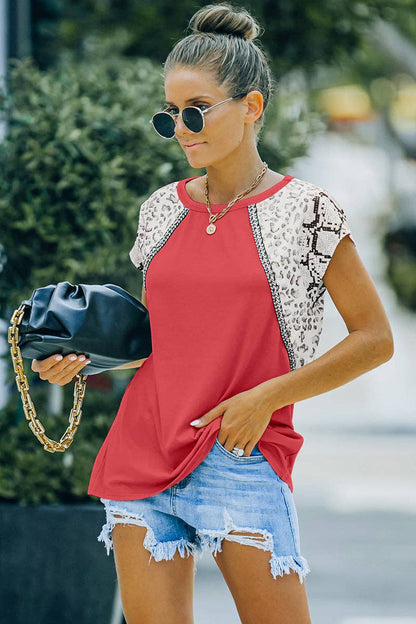 Leopard Print Color Block Top | Casual Woven Top - Women's | short sleeve top, Top, tops | Elings