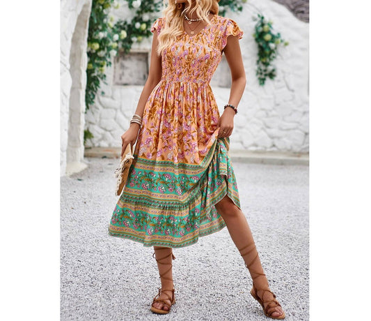 Boho Floral Smocked Midi Dress | Dress - Women's | 011624, Dress, LK, midi dress, new arrival, New Arrivals | Elings