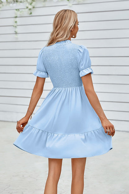 Ruffled Neck Puff Sleeve Dress