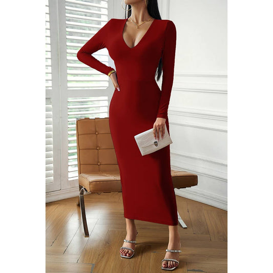 Bodycon Deep V Wrap Solid Knot Back Fishtail Dress | Dress - Women's | bodycon, Dress, LK, maxi dress | Elings