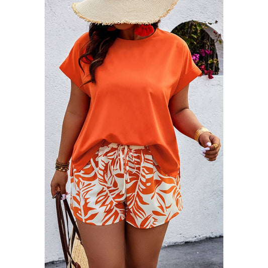 Plus Size Solid Round Neck Shirt Print Shorts Set | Top & Short Set (NOT Loungewear) - Women's | F, new arrival, pending, plus, plus sets, shoppe247 | Elings