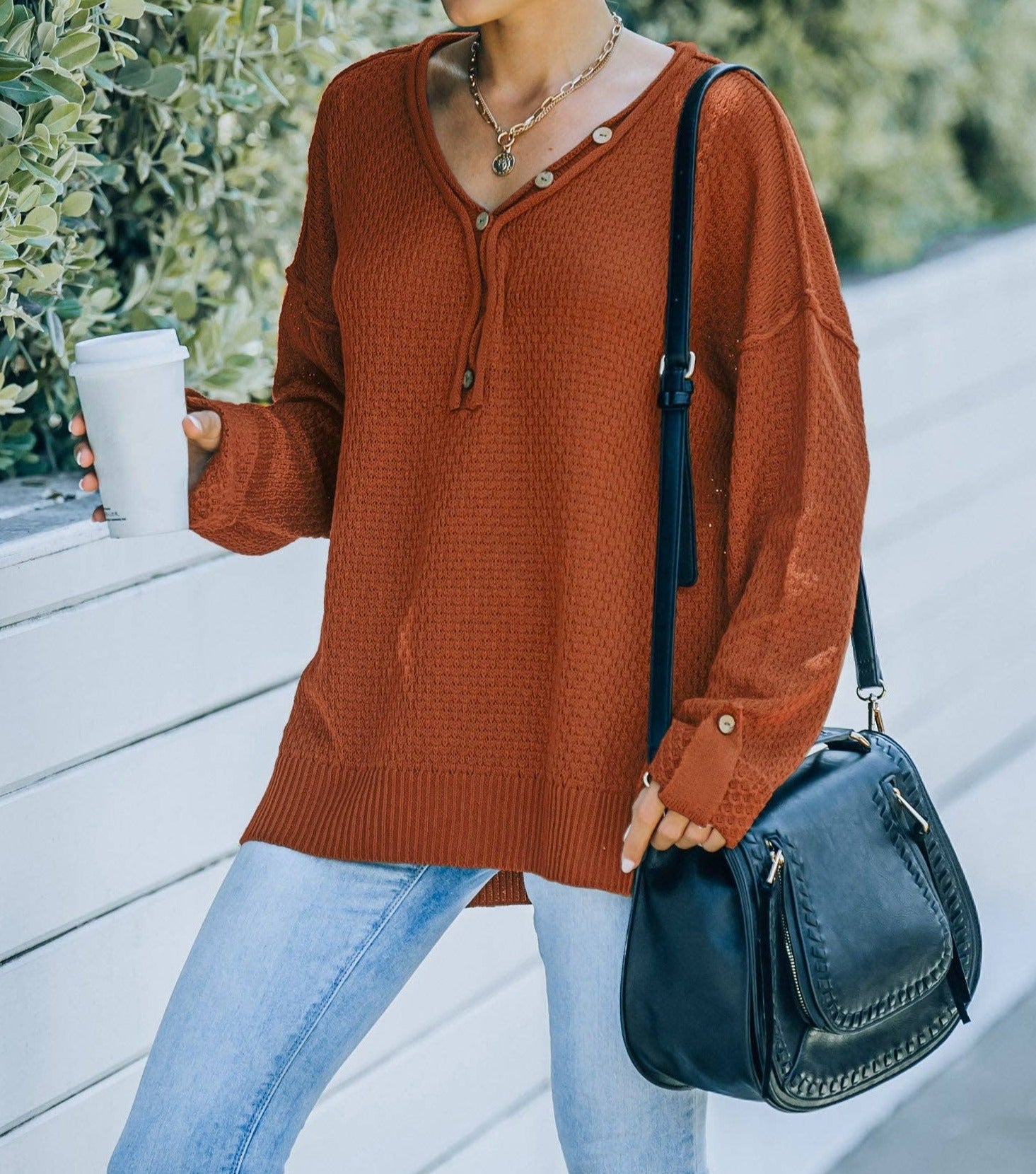 V Neck Button Long Sleeves Sweater | Knit Top - Women's | 2024, Clearance, SWEATER | Elings