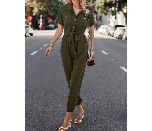 Button Fit Solid Knot Belt V Neck Jumpsuit | Jumpsuit - Women's | 523, jumpsuit | Elings