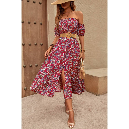 Floral Off Shoulder Split Thigh Ruffle Hem Dress | Dress - Women's | Dress, midi dress | Elings