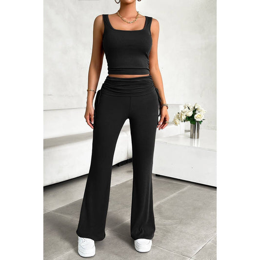 Sleeveless Square Neck Ruched Elastic Fit Sets | Top & Pant Set (NOT Loungewear) - Women's | basic, eb sets, new arrival, pending, Sets, shoppe247 | Elings