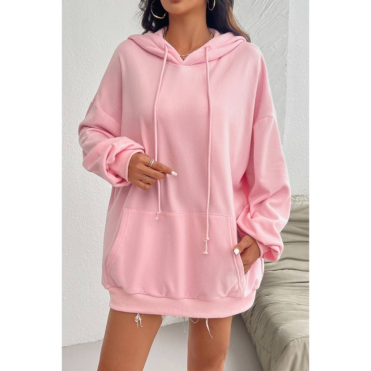 Solid Drawstring Pocket Drop Shoulder Loose Hoodie