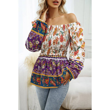 Floral Print Square Neck Off Shoulder Fit Blouse | Blouse - Women's | long sleeve top, New Arrivals | Elings