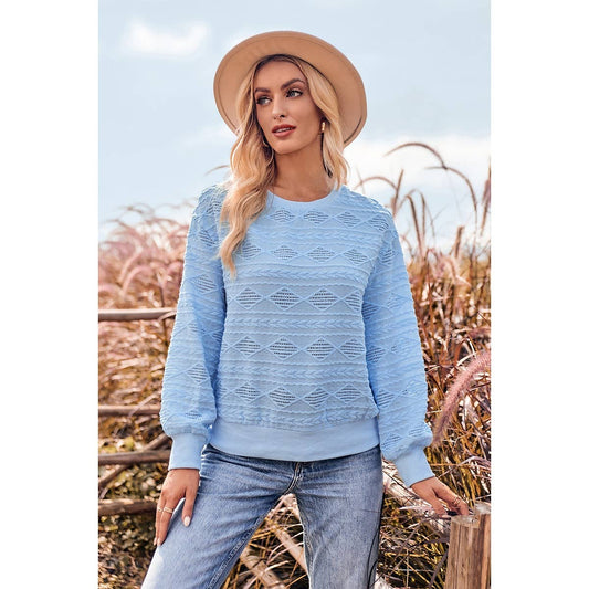 Knit Round Neck Hollow Out Solid Loose Top | Blouse - Women's | long sleeve top, tops | Elings