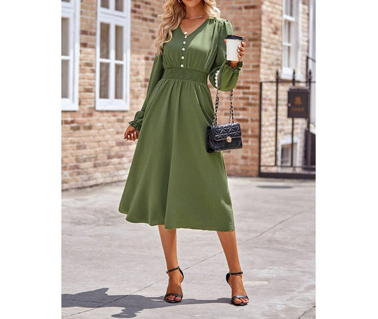 Button V Neck Solid Fit High Waist Midi Dress | Dress - Women's | Dress, midi dress | Elings