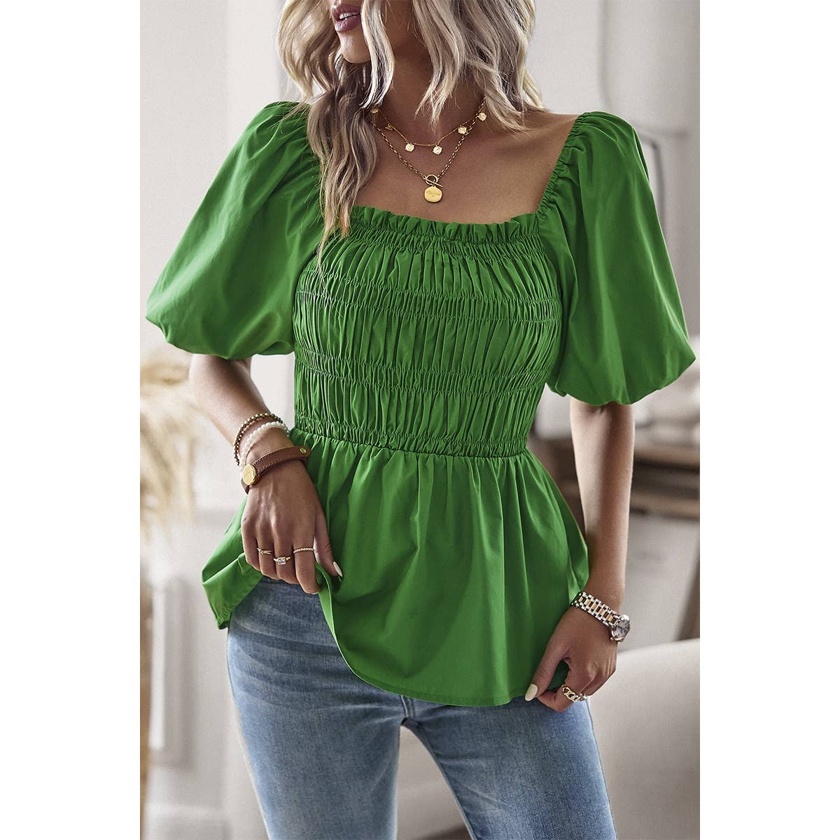 Low Back Solid Ruched Square Neck Top | Shirt - Women's | 523 | Elings