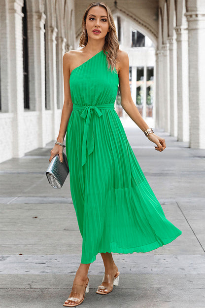 Solid Lined Wrinkle One Shoulder Sleeveless Dress