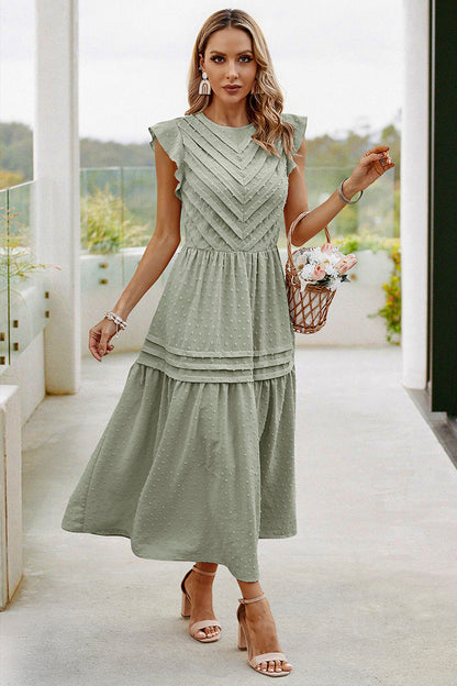 Ruffled Sleeves Pleated Front Maxi Dress